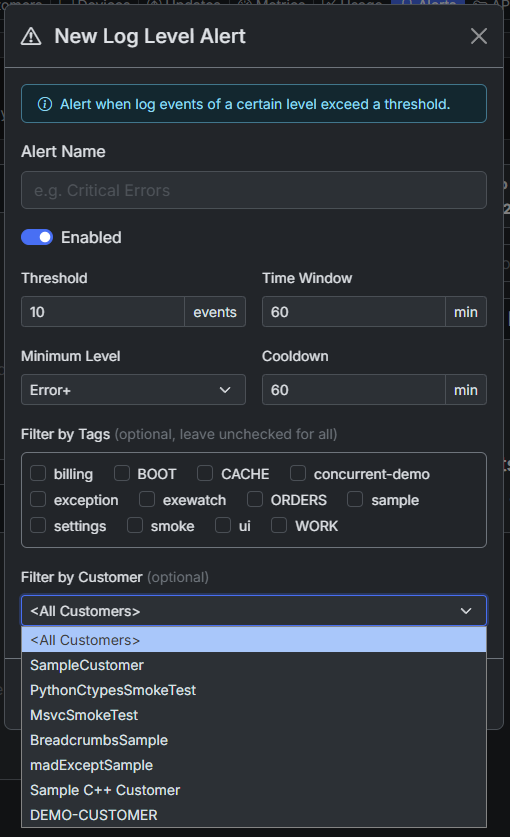 A log-volume alert scoped to one customer